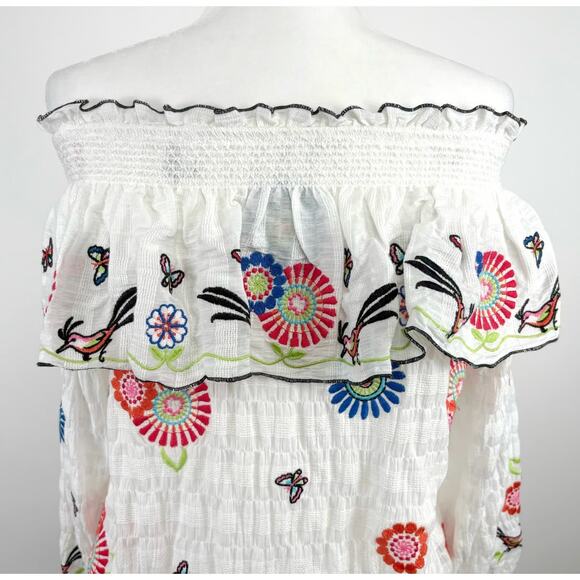 John Mark Embroidered Floral Boho Crinkle Strapless Ruffle Top White Size Large - Picture 8 of 10